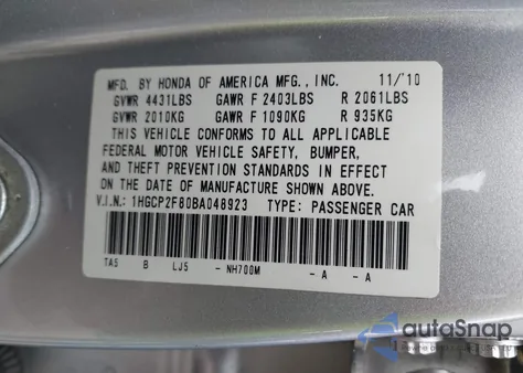 2011 Honda Accord Sdn Ex-L from USA, damaged, VIN 1HGCP2F80BA048923